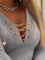 Ladies' V-Neck Stylish And Elegant Long-Sleeve T-Shirt with a Crossover Chain Design - Light Grey