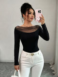 French Sheer Mesh Patchwork Off-Shoulder Base Layer Sweater, Fall Winter Y2K Slim Waist Long Sleeve High-End Pure Lustrous Clavicle-Baring Inner Top - Black