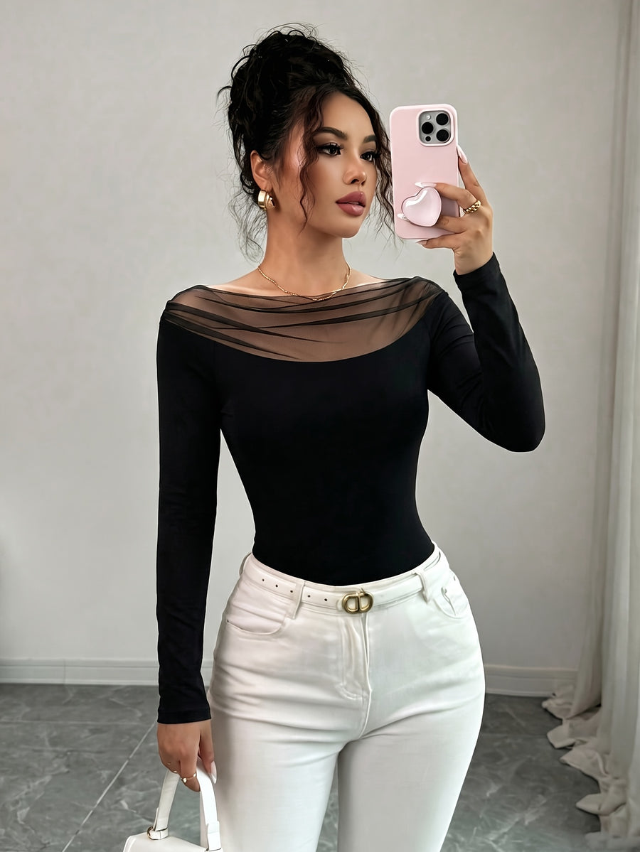 French Sheer Mesh Patchwork Off-Shoulder Base Layer Sweater, Fall Winter Y2K Slim Waist Long Sleeve High-End Pure Lustrous Clavicle-Baring Inner Top - Black