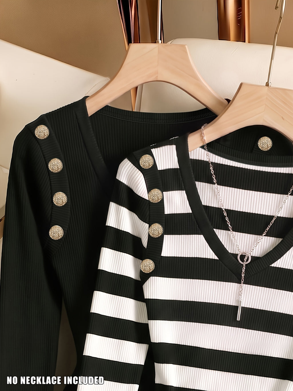 2pcs Set Spring Autumn Easy Temperament Fashion V-Neck Long Sleeve Jumpsuit Women'S Shoulder Buckle Decor Premium Contrast Color Fitted Jumpsuit - Black and white contrast + black