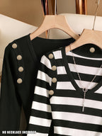 2pcs Set Spring Autumn Easy Temperament Fashion V-Neck Long Sleeve Jumpsuit Women'S Shoulder Buckle Decor Premium Contrast Color Fitted Jumpsuit - Black and white contrast + black