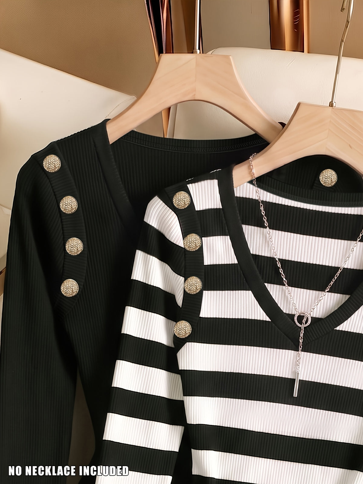 2pcs Set Spring Autumn Easy Temperament Fashion V-Neck Long Sleeve Jumpsuit Women'S Shoulder Buckle Decor Premium Contrast Color Fitted Jumpsuit - Black and white contrast + black