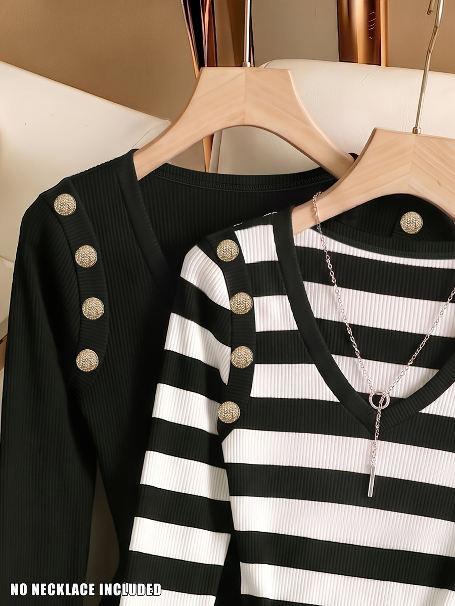 2pcs Set Spring Autumn Easy Temperament Fashion V-Neck Long Sleeve Jumpsuit Women'S Shoulder Buckle Decor Premium Contrast Color Fitted Jumpsuit - Black and white contrast + black