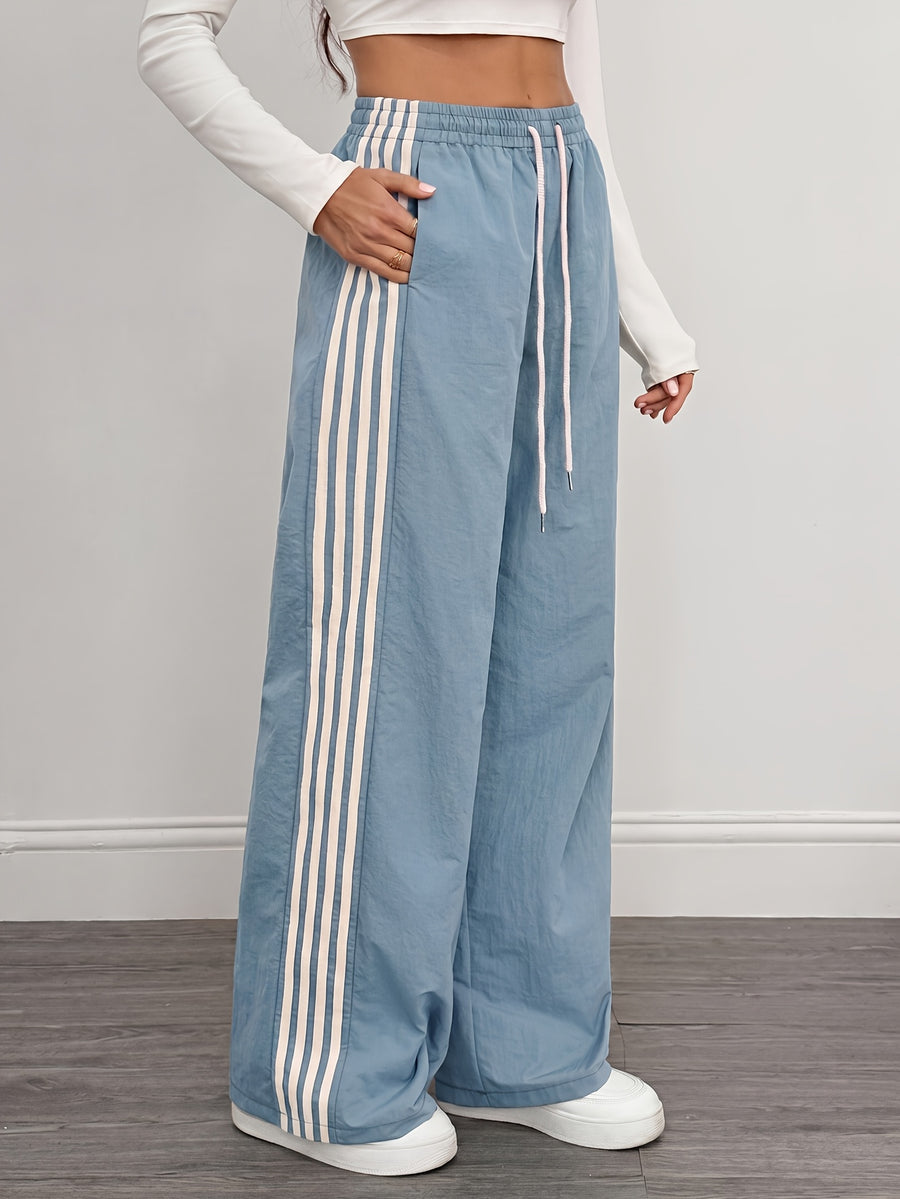 Reading Week Clothing, Back to Season, 1pc 2025 Autumn Winter New Casual Sports Fashion Comfortable Beautiful Color-Blocked Waist Drawstring Women'S Long Pants, Suitable for Holiday Gifts Women'S Apparel - Sky Blue