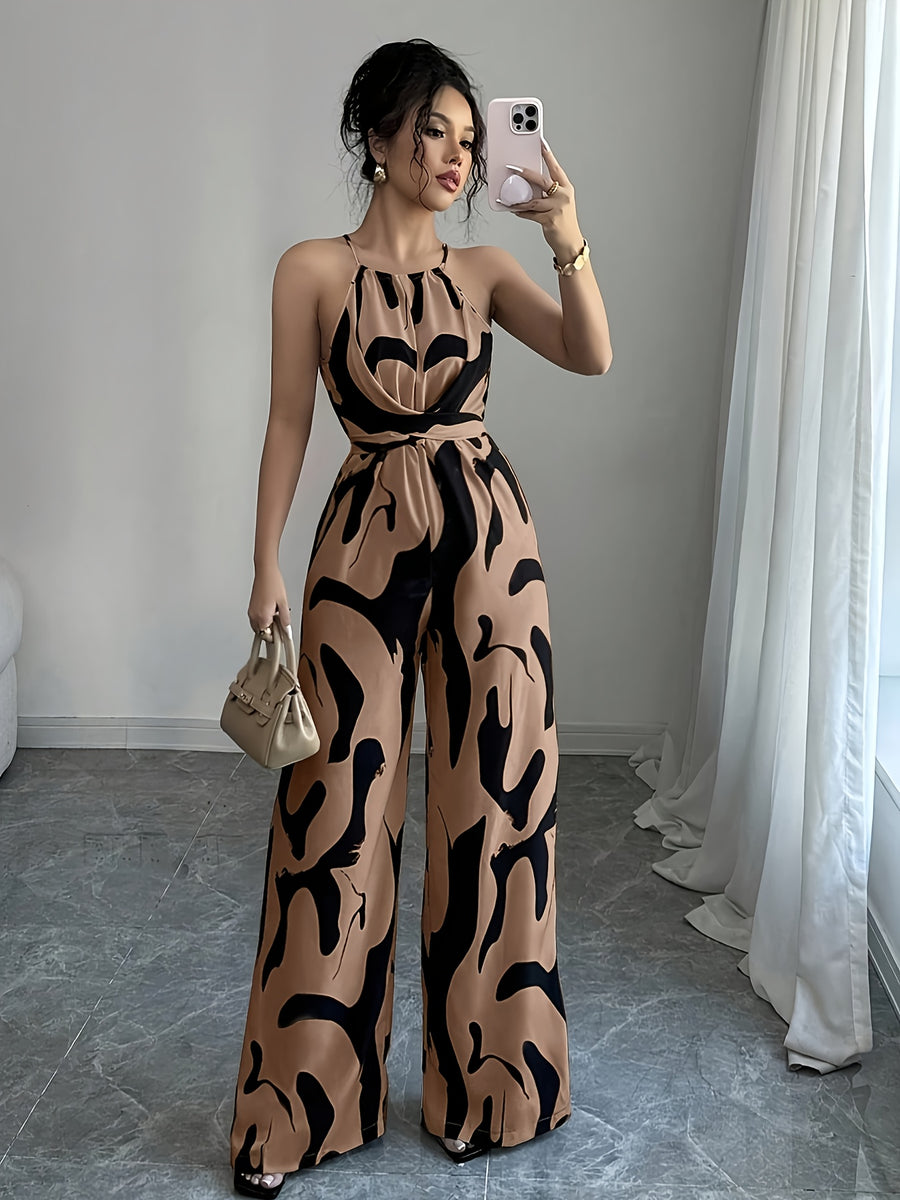Women'S Printed Cinched Waist Jumpsuit, Elegant Holiday And Casual Wear with Halter Neckline - Coffee Color