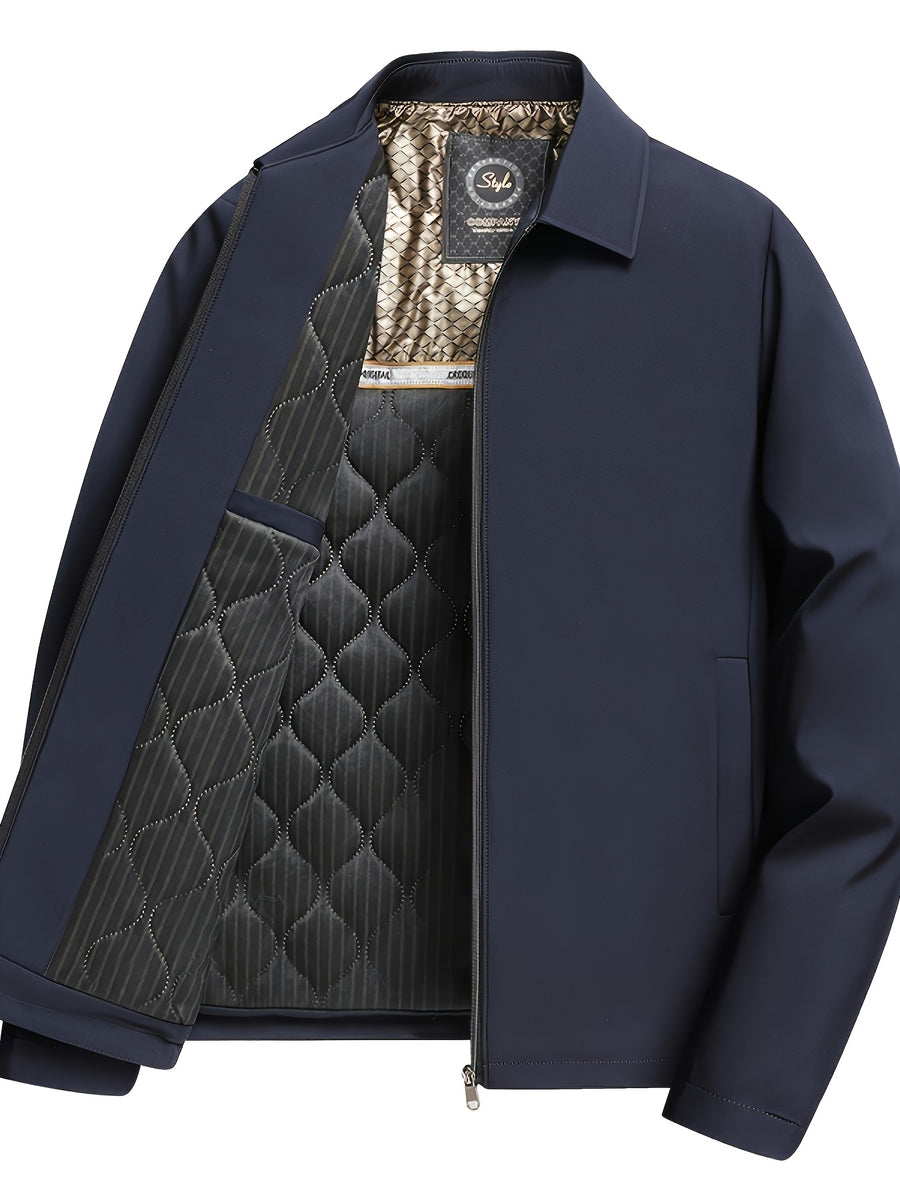 Men Lapel Button Quilted Jacket, Inner Wave Quilting Holds Filling Well, Metal Snap Buttons Bring Fine Texture, Simple Side Slip Pockets for Storage, Regular Business Casual Fit, Autumn Winter Outerwear, for Bus - Navy Color