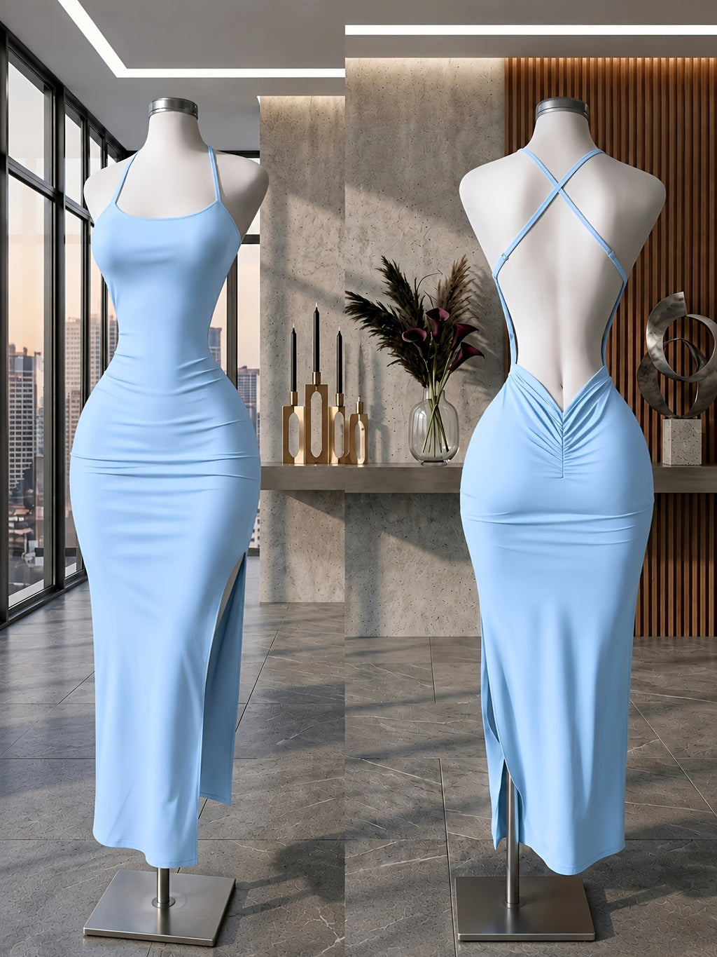 Y2K Women'S Elegant Versatile Solid Color Cami Backless Long Dress, Back Ruched Fitted Bodycon Dress, Suitable for Socialite Temperament Evening Parties - Sky Blue