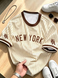 Men's Vintage Baseball Vertical Stripe T-Shirt - Contrast Black Trim Crew Neck Short-Sleeve, Drop Shoulder Fit Retro Streetwear Suitable for Commuting, Sports, Campus Wear - Machine Washable Birthday Gift for & Men - Khaki