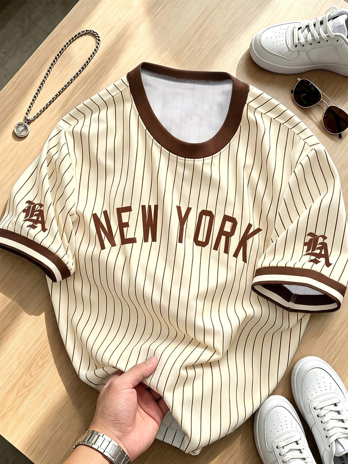 Men's Vintage Baseball Vertical Stripe T-Shirt - Contrast Black Trim Crew Neck Short-Sleeve, Drop Shoulder Fit Retro Streetwear Suitable for Commuting, Sports, Campus Wear - Machine Washable Birthday Gift for & Men - Khaki