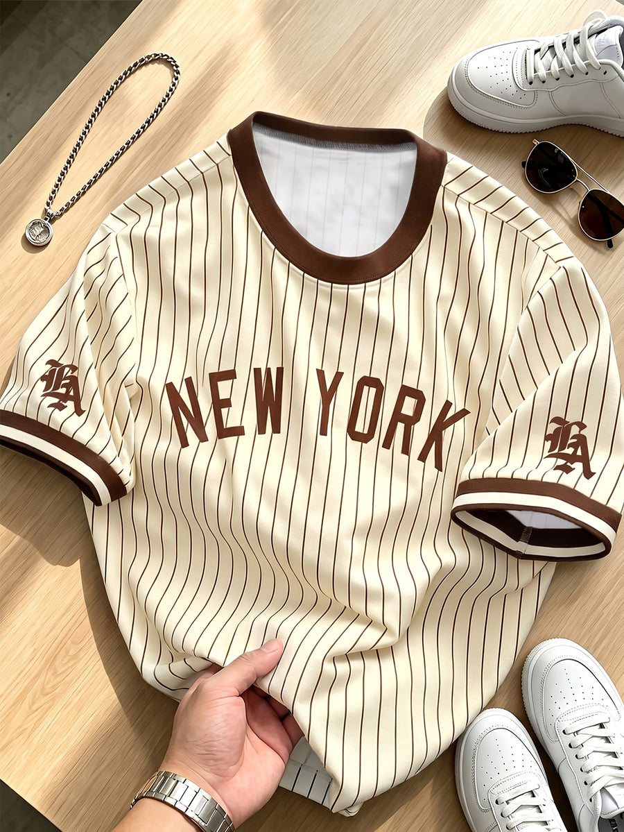 Men's Vintage Baseball Vertical Stripe T-Shirt - Contrast Black Trim Crew Neck Short-Sleeve, Drop Shoulder Fit Retro Streetwear Suitable for Commuting, Sports, Campus Wear - Machine Washable Birthday Gift for & Men - Khaki