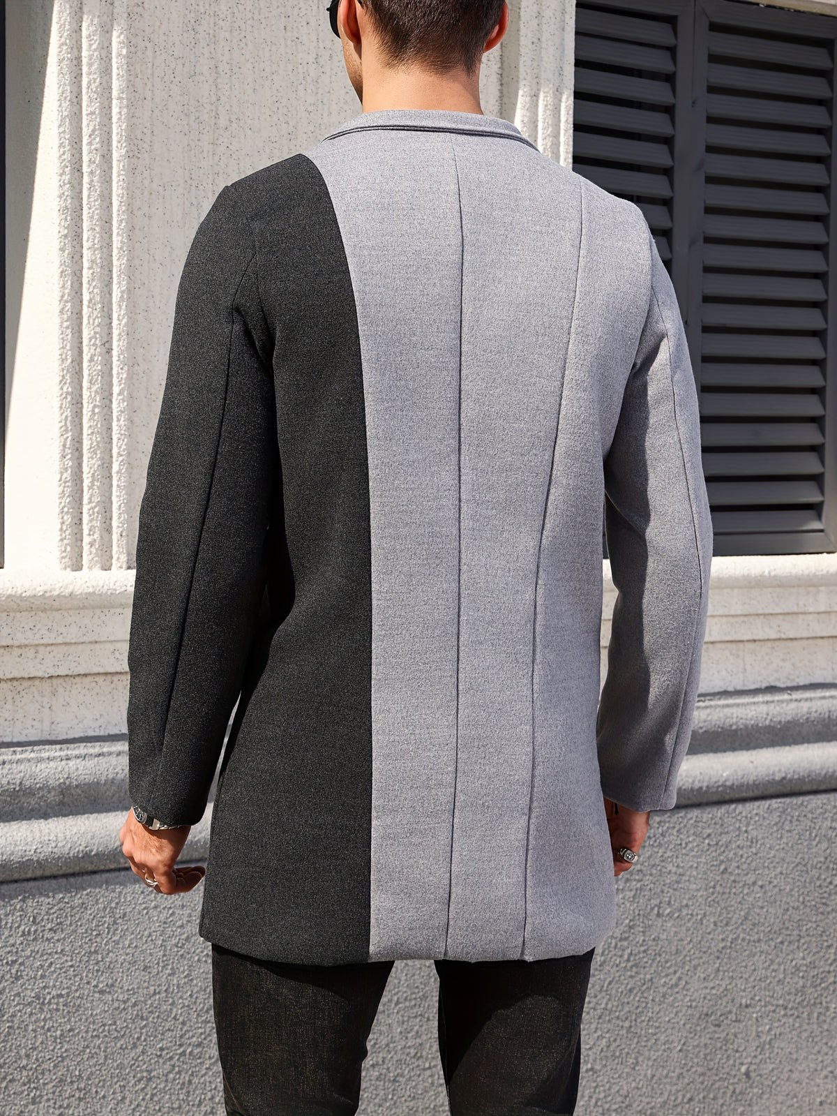 1pc Men's Light Gray and Charcoal Gray Contrast Color Blended Tweed Notch Lapel Single-Breasted Coat with Slant Pockets, Trendy Autumn/Winter Fit for Commuting, Parties, and Mid-Length Occasions - Silvery Grey