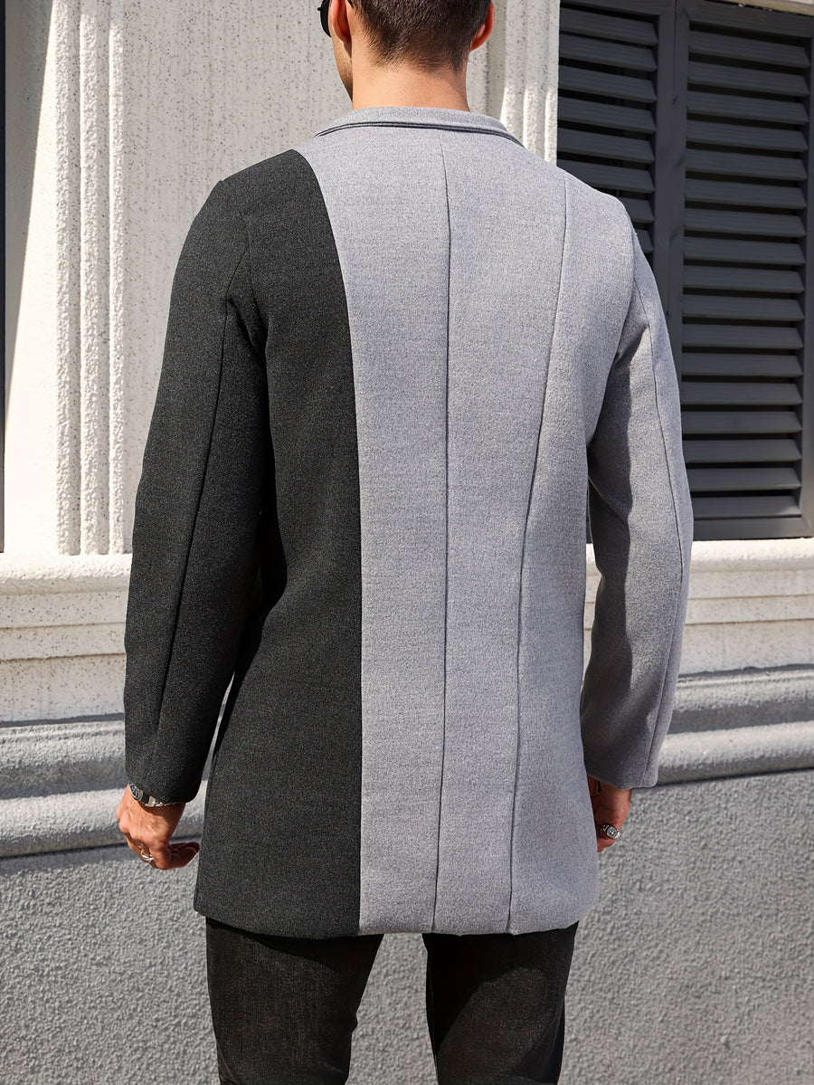 1pc Men's Light Gray and Charcoal Gray Contrast Color Blended Tweed Notch Lapel Single-Breasted Coat with Slant Pockets, Trendy Autumn/Winter Fit for Commuting, Parties, and Mid-Length Occasions - Silvery Grey