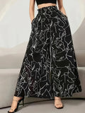 Women's Elegant Wide-Leg Pants - High Waist, Abstract Print, Machine Washable - Suitable for Spring/Summer Fashion, Casual Elegance | Wide-Leg Pants | Elastic Waistband - Black