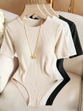 3pcs Set American Style New Solid Color Versatile Crew Neck Slim Fit Flattering Base Layer Bodysuit Top and Pants for Women, New Spring Collection - White+apricot+black