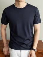 Summer Men'S Short Sleeve T-Shirt Casual Round Neck Solid Color Comfortable Cooling Breathable Polo Shirt - Navy