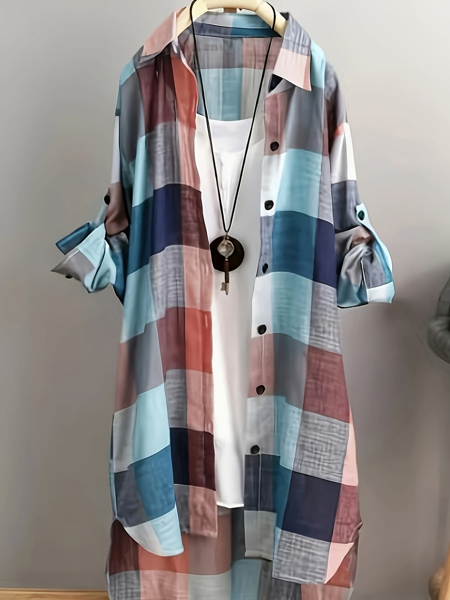 Elegant Plaid Long-Length Women's Outerwear Jacket - Mixed colors