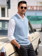 Xingfan OBM Men's Autumn/Winter Light Luxury New Ribbed V-Neck Cable Knit Vest, Rhombus Jacquard Sleeveless Sweater Cardigan, Business Gentleman's Layering Knit Top. Soft and Warm Knitted Fabric, Vintage Three-dimensional Cable Knit Rhombus Texture - Light Blue