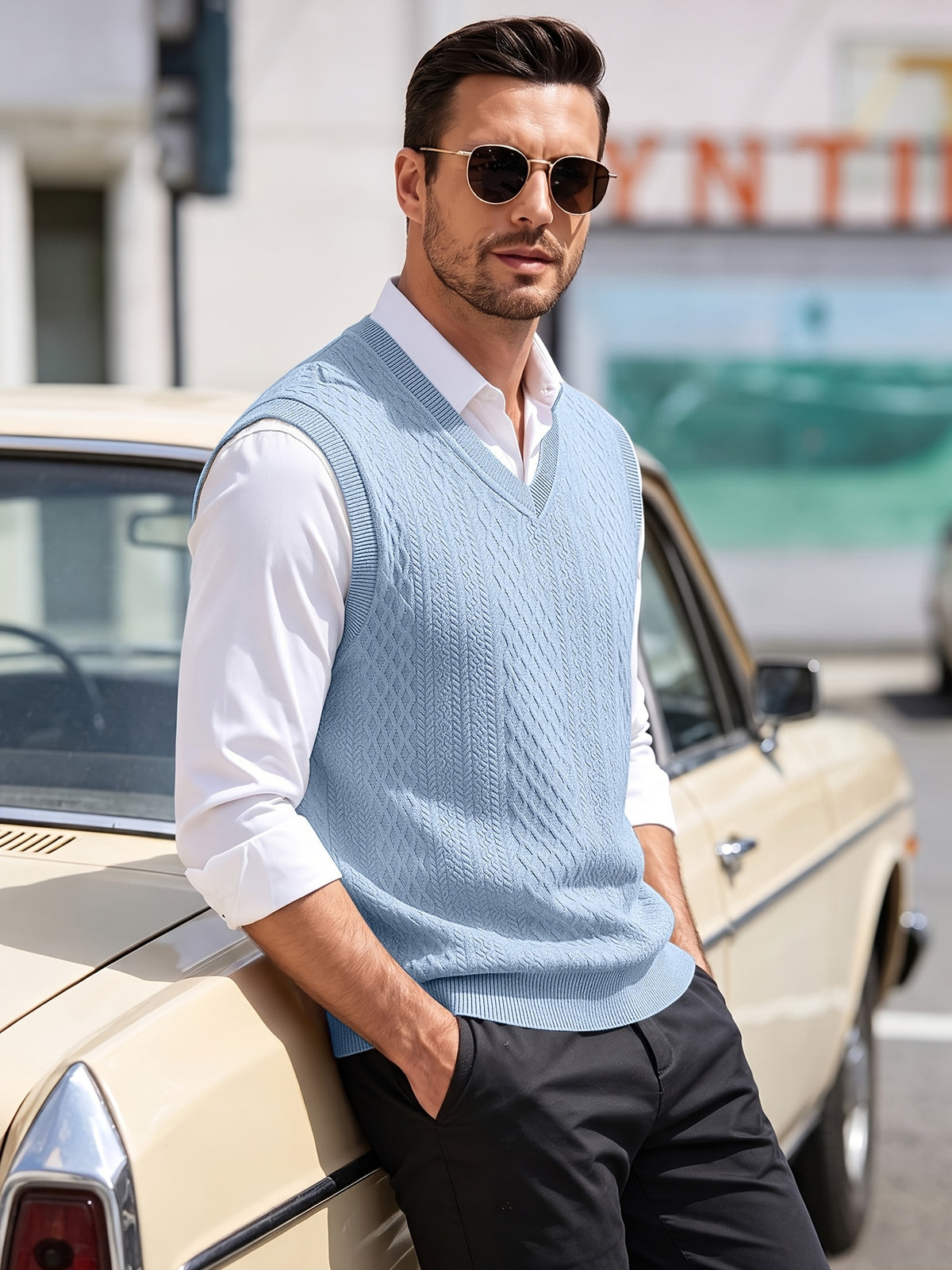 Xingfan OBM Men's Autumn/Winter Light Luxury New Ribbed V-Neck Cable Knit Vest, Rhombus Jacquard Sleeveless Sweater Cardigan, Business Gentleman's Layering Knit Top. Soft and Warm Knitted Fabric, Vintage Three-dimensional Cable Knit Rhombus Texture - Light Blue