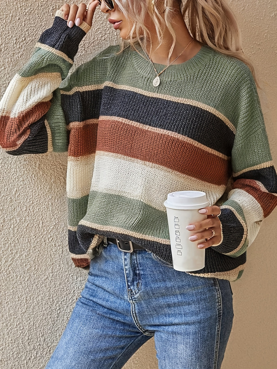Women'S Color Block Striped Pullover Sweater - Cozy Long Sleeve Crew Neck, Loose Fit, Fall/Winter Casual Top with Green, Brown, and Beige Stripes, Casual Winter Wear | Relaxed Fit Top | Construction, Sweater Dress, Fall Clothe For Women, Fall Sweater For - Olive Green