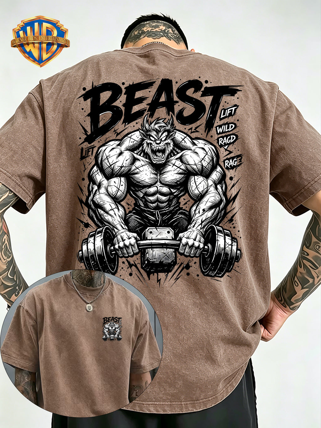 Fitness Beast Dumbbell Print Washed Distressed T-Shirt, Men'S 100% Fabric, Casual Comfortable Style, Loose Fit Breathable Short Sleeve Men'S Casual Top, Distressed Washed Loose Fit - Khaki