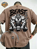 Fitness Beast Dumbbell Print Washed Distressed T-Shirt, Men'S 100% Fabric, Casual Comfortable Style, Loose Fit Breathable Short Sleeve Men'S Casual Top, Distressed Washed Loose Fit - Khaki