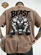 Fitness Beast Dumbbell Print Washed Distressed T-Shirt, Men'S 100% Fabric, Casual Comfortable Style, Loose Fit Breathable Short Sleeve Men'S Casual Top, Distressed Washed Loose Fit - Khaki