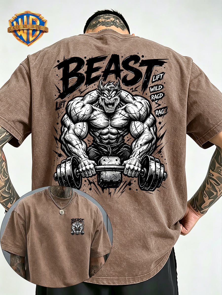 Fitness Beast Dumbbell Print Washed Distressed T-Shirt, Men'S 100% Fabric, Casual Comfortable Style, Loose Fit Breathable Short Sleeve Men'S Casual Top, Distressed Washed Loose Fit - Khaki