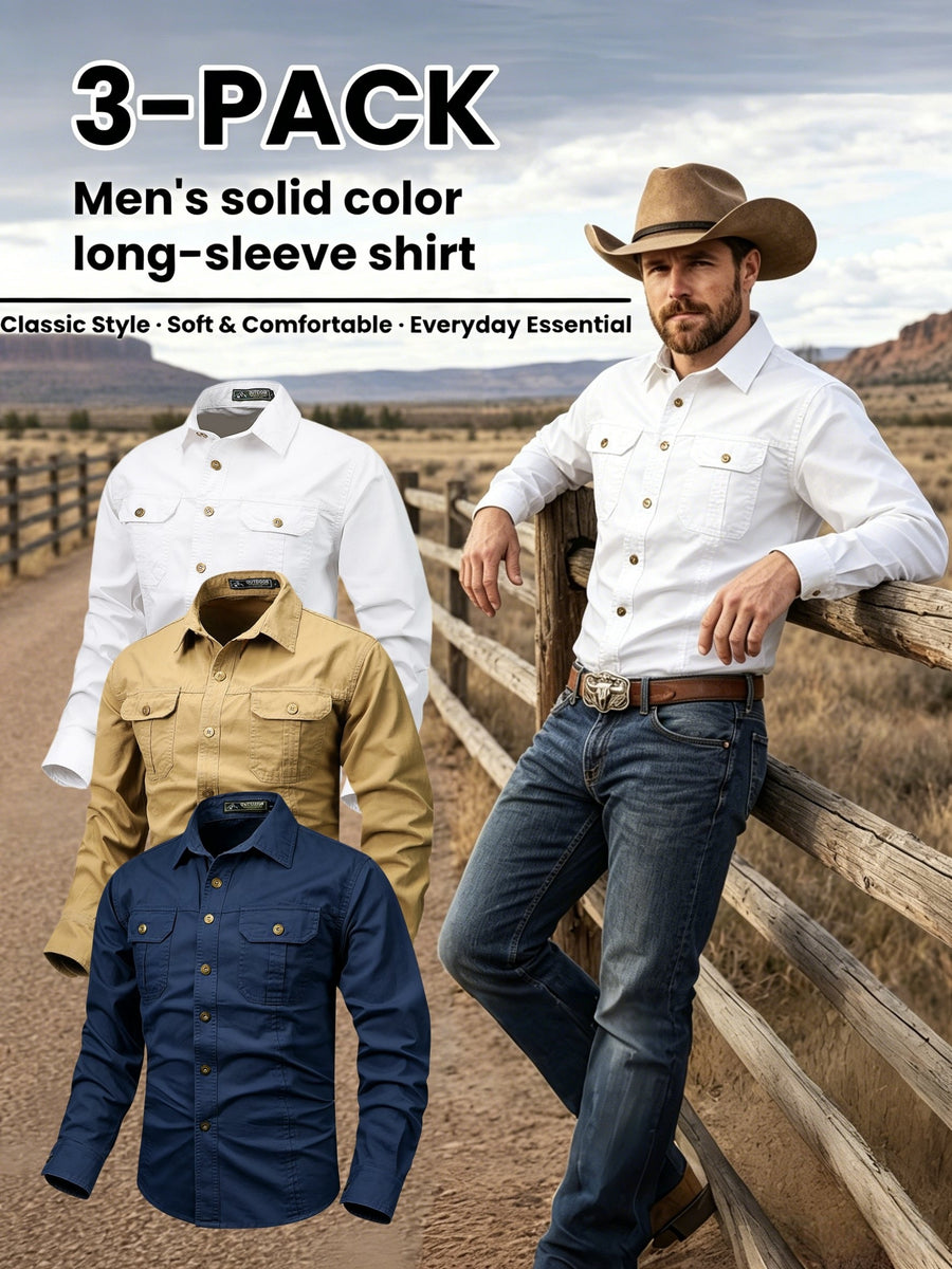 Men'S 3pcs Set of Solid Color Long-Sleeve Work Shirts, Double-Pocket Practical Western Style Shirts, Suitable for Outdoor, Construction Site, Commuting And Various Indoor/Outdoor Scenarios, Autumn Menswear - White+Khaki + Navy Blue