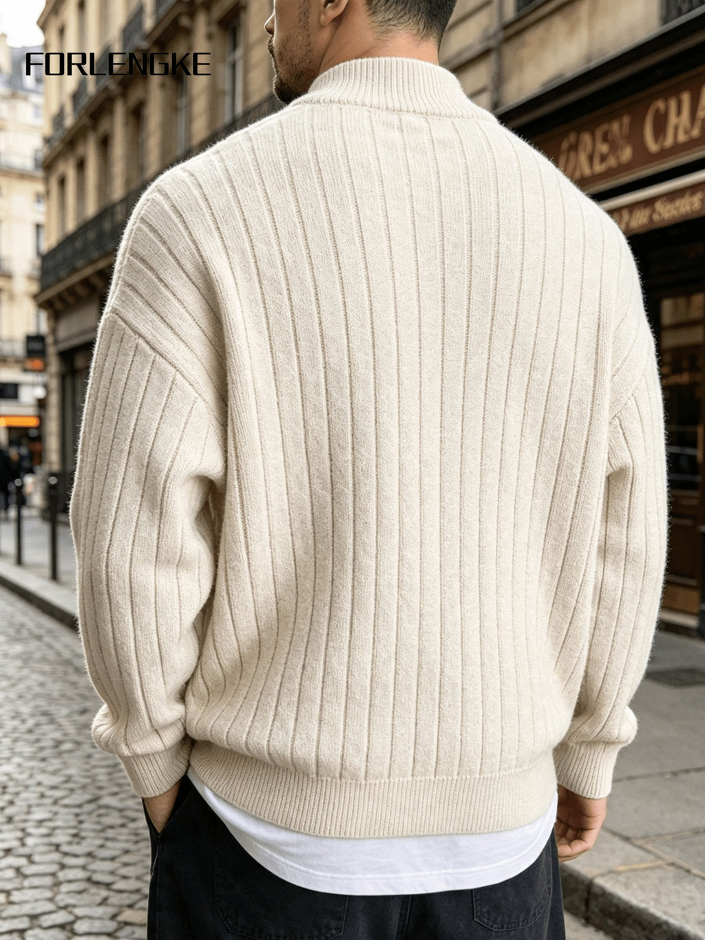 FORLENGKE Autumn/Winter Men's Zipper Cable Knit Cardigan, Three-Dimensional Twisted Floral Texture Knit Outerwear, Solid Color Simple Cuff Long Sleeve Top, Streetwear Commute Daily Casual Wear, Versatile Spring/Autumn Men's Outer Knit Cardigan - Off-white