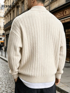 FORLENGKE Autumn/Winter Men's Zipper Cable Knit Cardigan, Three-Dimensional Twisted Floral Texture Knit Outerwear, Solid Color Simple Cuff Long Sleeve Top, Streetwear Commute Daily Casual Wear, Versatile Spring/Autumn Men's Outer Knit Cardigan - Off-white