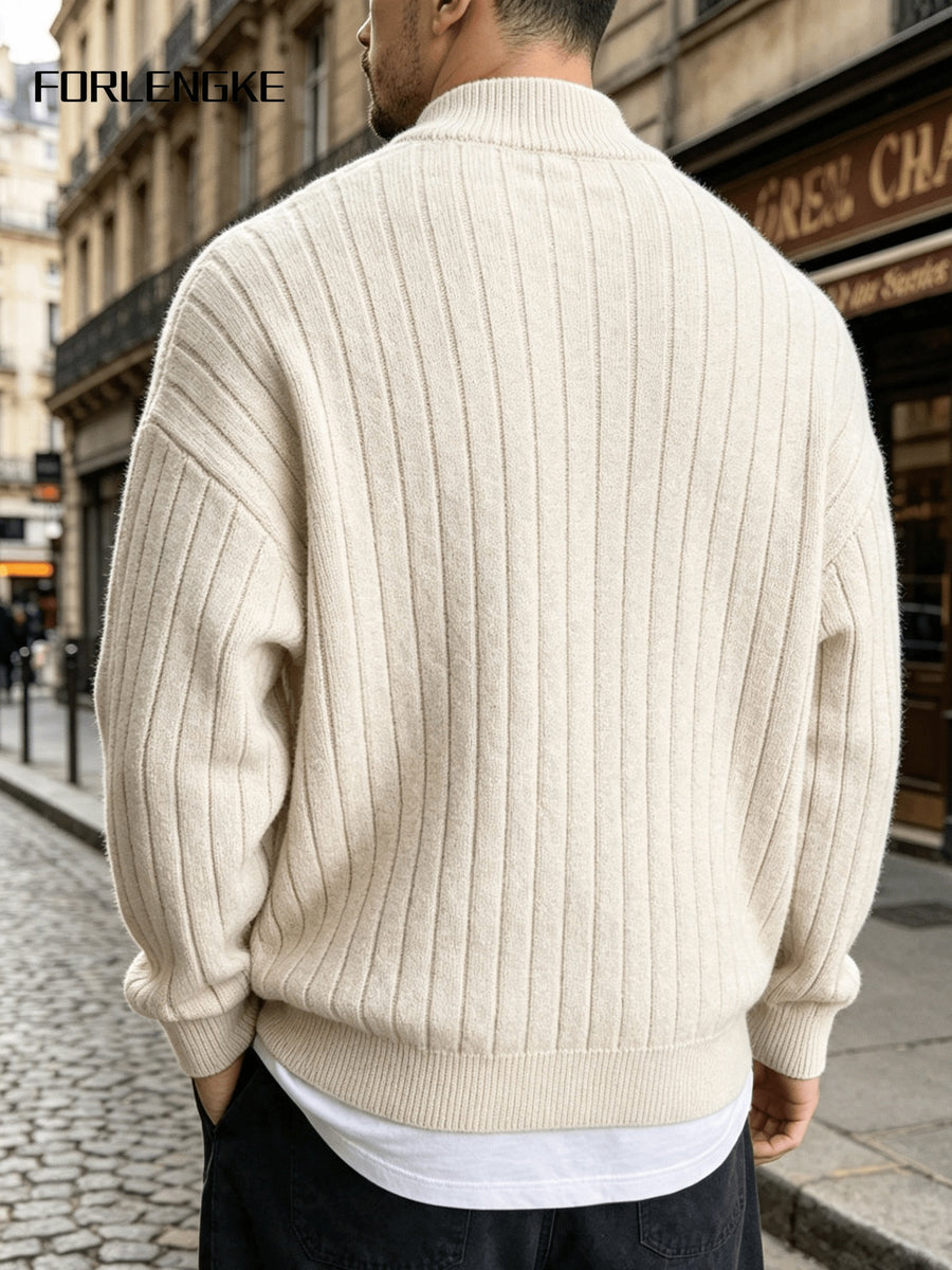 FORLENGKE Autumn/Winter Men's Zipper Cable Knit Cardigan, Three-Dimensional Twisted Floral Texture Knit Outerwear, Solid Color Simple Cuff Long Sleeve Top, Streetwear Commute Daily Casual Wear, Versatile Spring/Autumn Men's Outer Knit Cardigan - Off-white