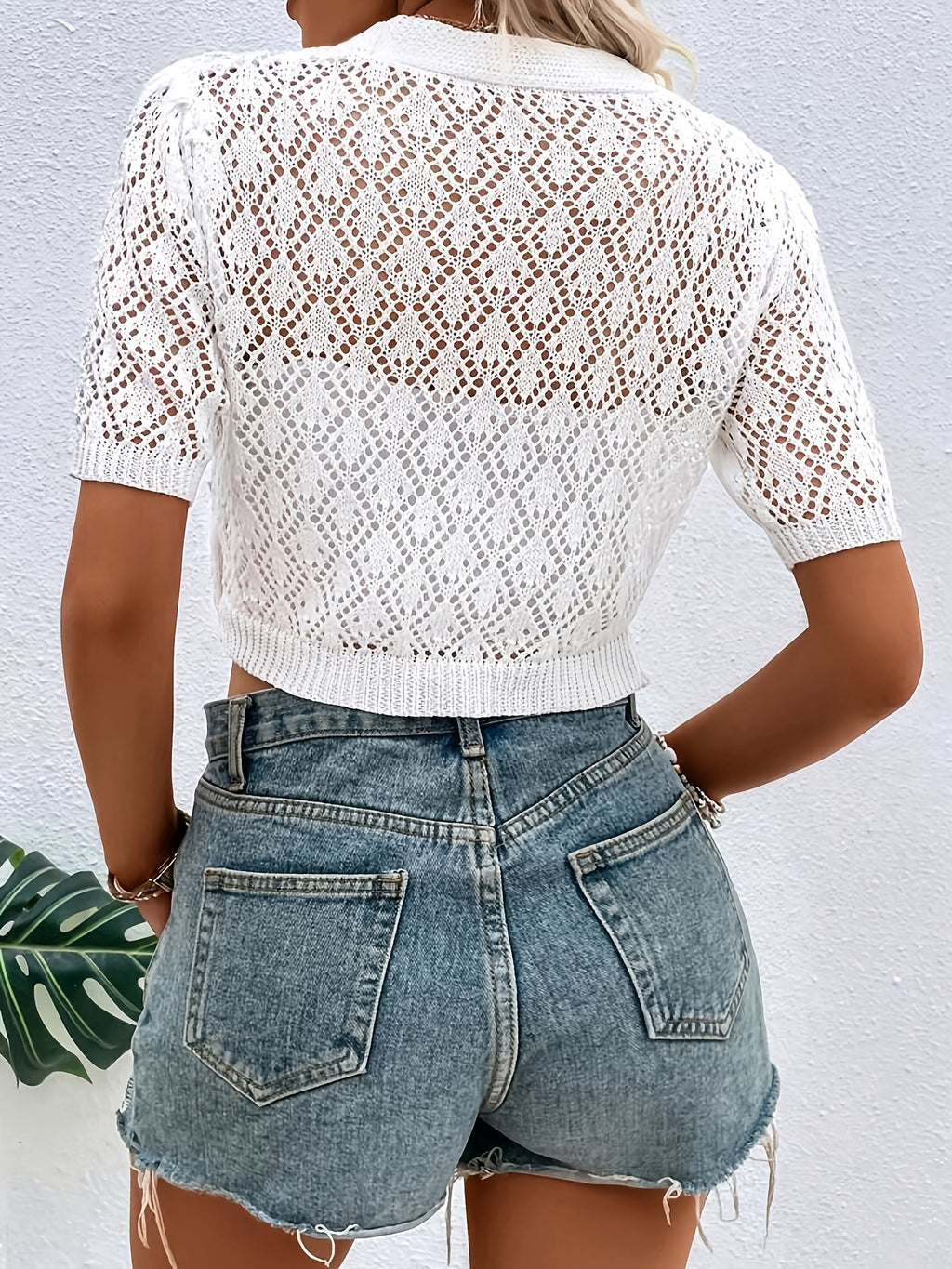 Women'S Crochet Short Cardigan, V-Neck Short Sleeve Button Crop Top, Casual Lightweight Hollow Out Summer Shrug - White