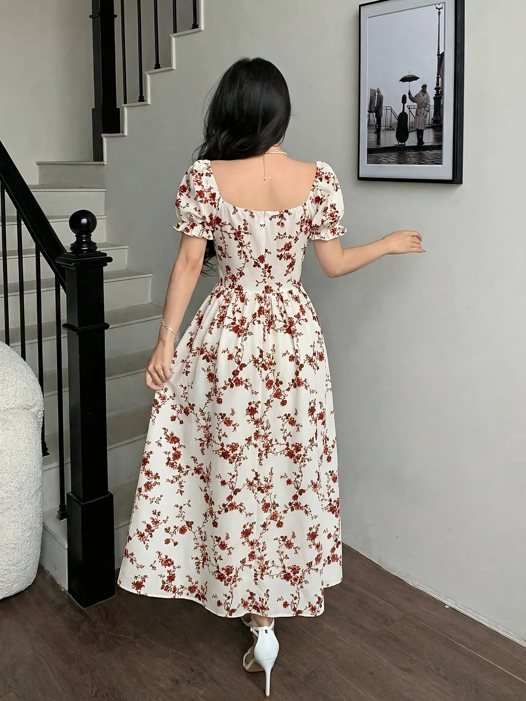 Charming Romantic Dumb Flower Patchwork Lace Collar Long Sleeve Waist-Cinching Elegant Dress, Vacation Wear, Women'S Dress - Mixed colors