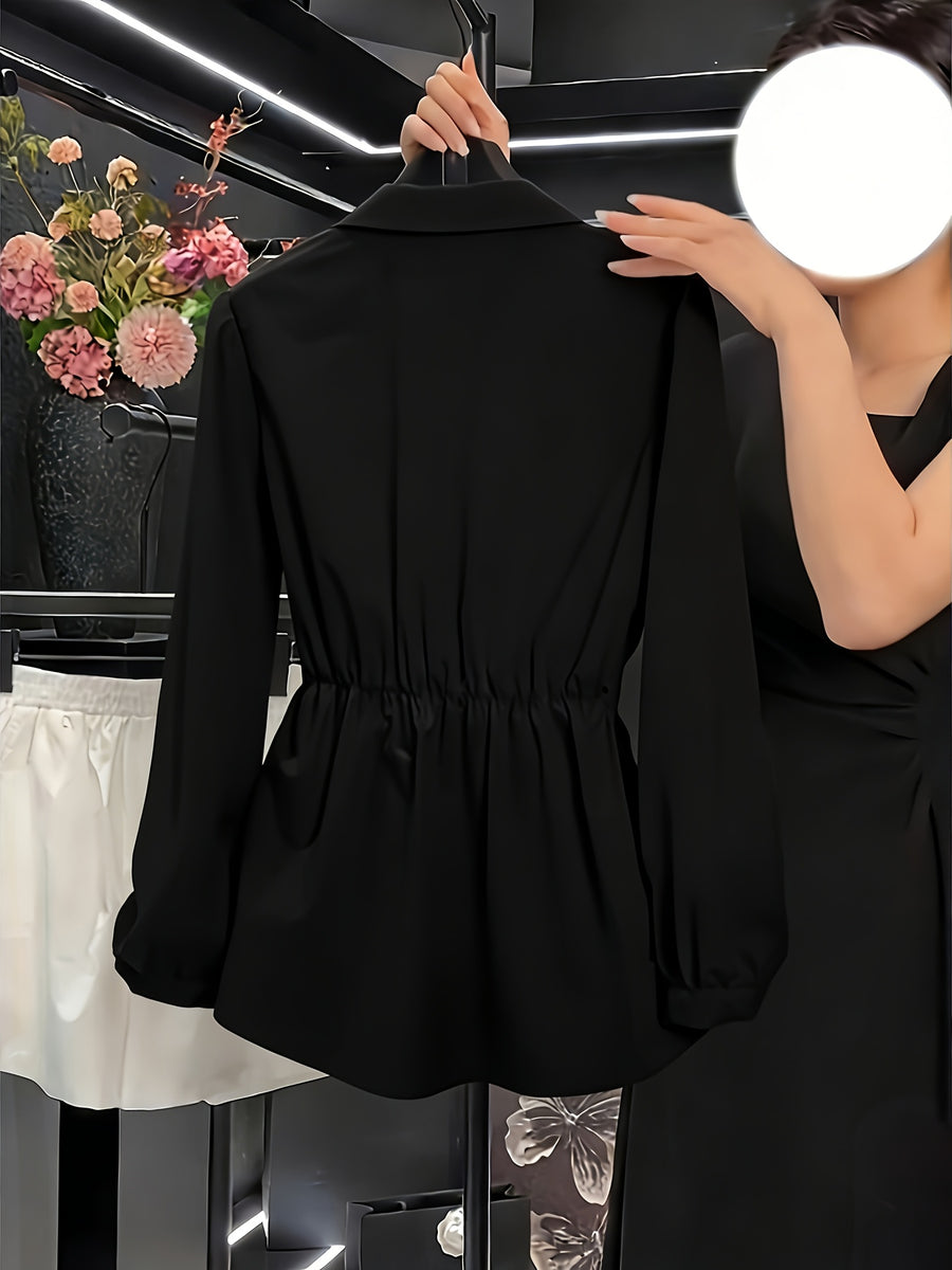 High-End Feel Commuter Versatile Exquisite Women's Shirt, Spring/Summer New Arrival Long-Sleeve Top, Waist-Cinching Stylish Blouse - Black