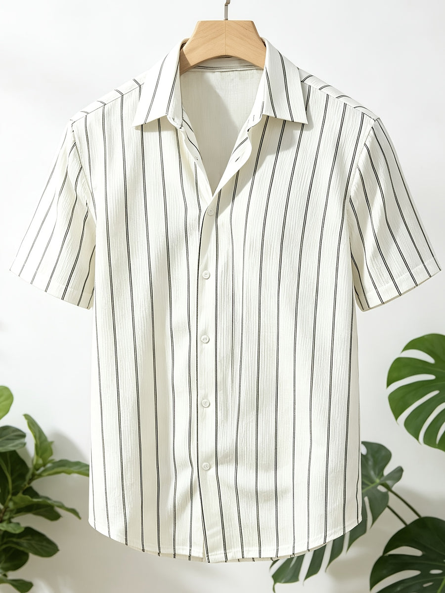 Men's Jacquard Textured Stripe Patchwork Short-Sleeve Shirt, Beach Casual Vacation Shirt, Men's Short-Sleeve Shirt - White