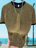 European Fashion Men'S Jacquard Short Sleeve T-Shirt, Metallic Men'S Wear, Premium Top - 10309 Huike Warehouse-8198 Golden