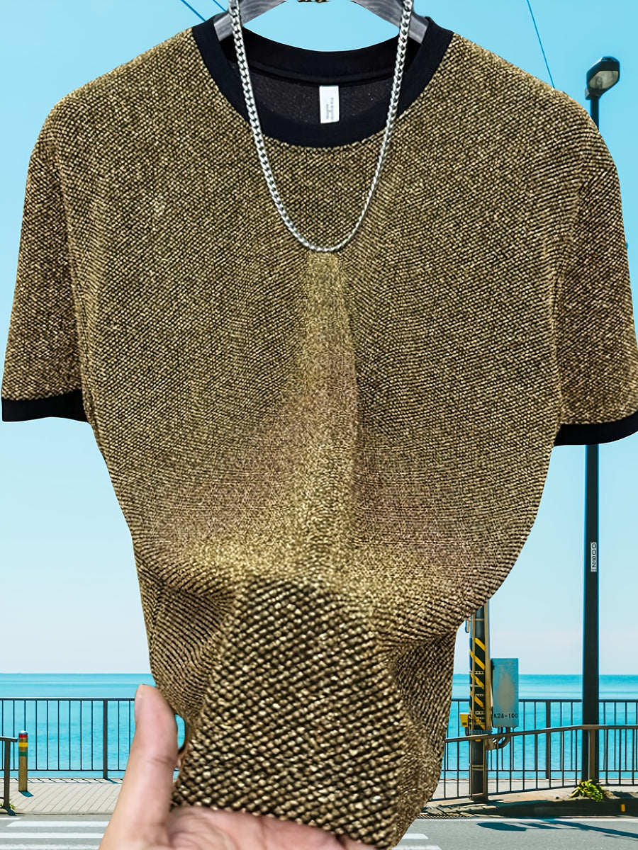 European Fashion Men'S Jacquard Short Sleeve T-Shirt, Metallic Men'S Wear, Premium Top - 10309 Huike Warehouse-8198 Golden