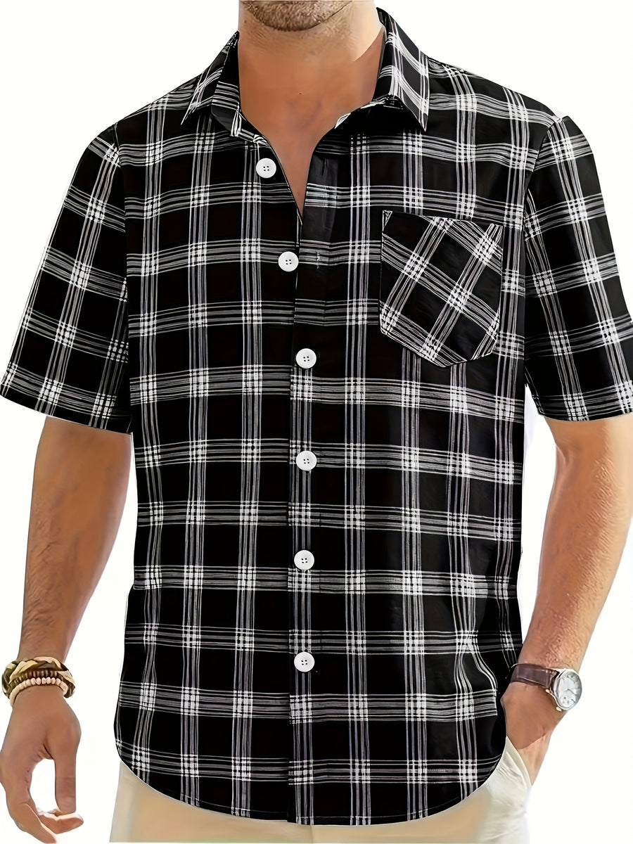Men's casual 100% pure cotton striped checked shirt (suitable for casual wear during outings and weekend parties) Short-sleeved pocket design, button-down top - Black