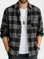 Classic Plaid Flannel Men's Shirt - Soft Long Sleeve Casual Button-Up Versatile Shirt with Pocket | Vintage Style Early Spring/Autumn Layering Piece, Soft Skin-Friendly New Autumn Vintage Plaid Commuter Versatile Top, Stylish Daily Outing Shirt - Black And Gray Grid