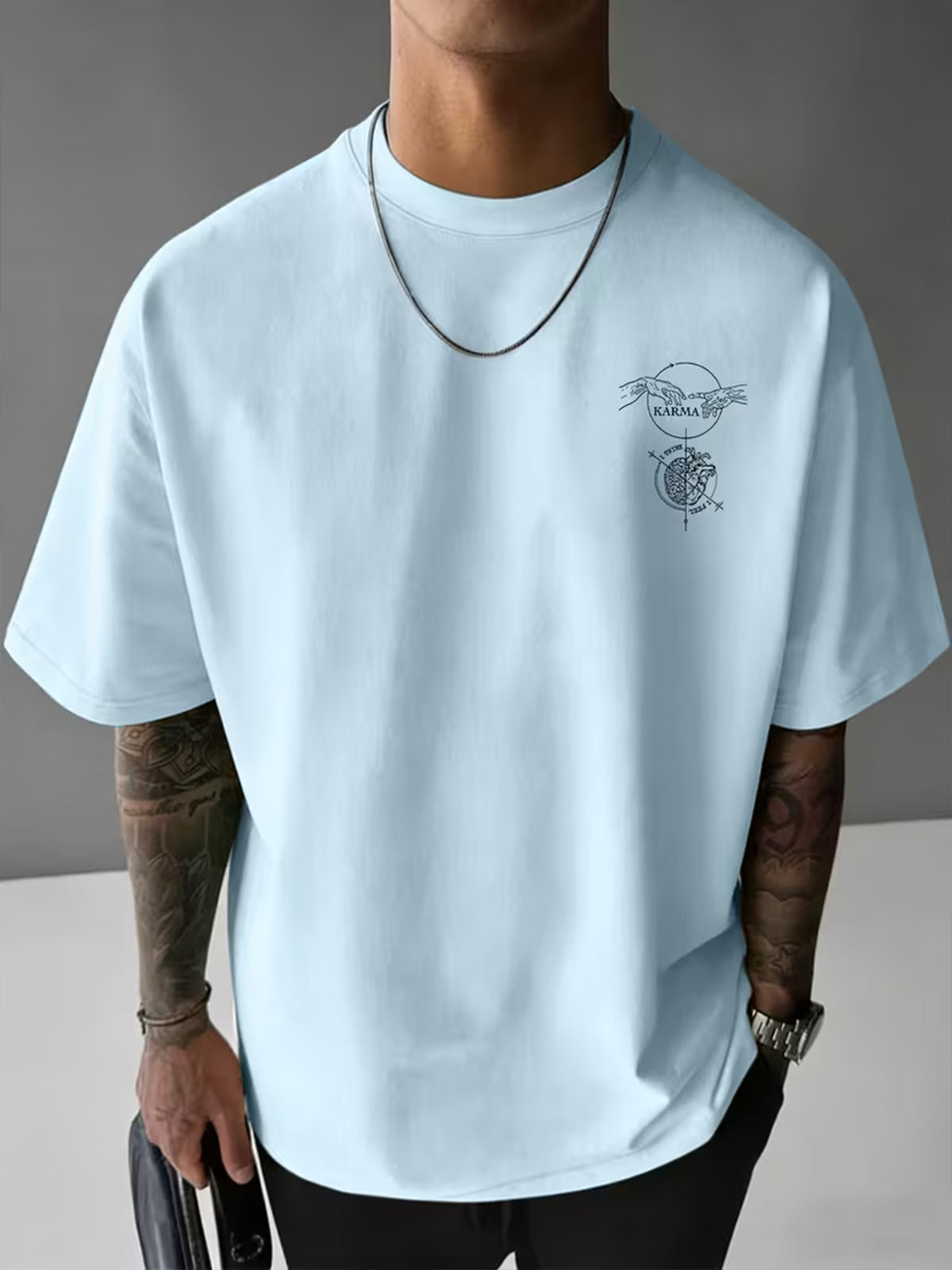 Causal Reincarnation Brain Heart Hand-Drawn Men'S Pure T-Shirt, Front And Back Double-Sided Genesis Hand, Half-Brain Heart Line English Print with Niche Dark Art Atmosphere, 100% Fabric Breathable And Skin-Friendly - Light Blue