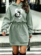 Women'S Cinched Waist Drawstring Valentine'S Day 3-Heart Connected Print Hoodie - Light Green