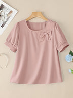 Elegant Casual Square Neck Short Sleeve Shirt with Bow and Puff Sleeves, Solid Color Top - Pink