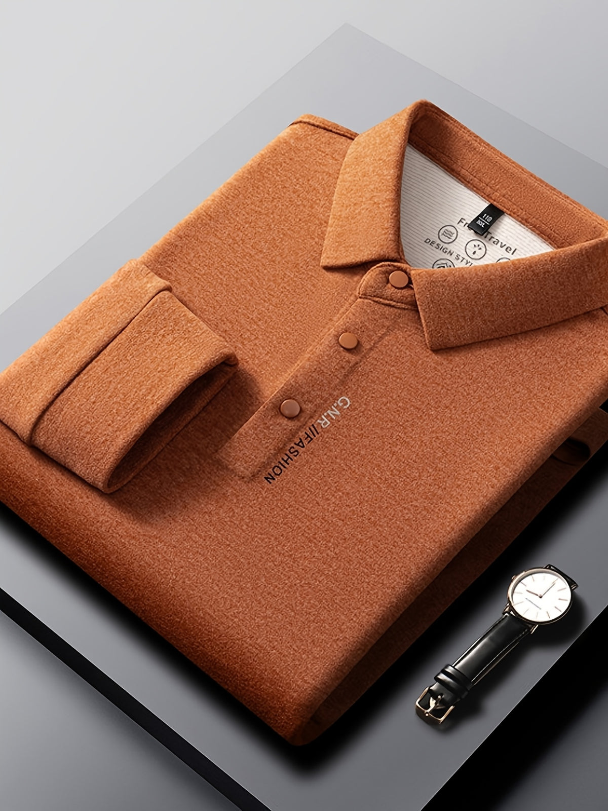 New Autumn 2026 Men's Long-Sleeve T-Shirt, Solid Color Lapel, Simple Daily Wear, Casual Polo Shirt - Pumpkin Orange