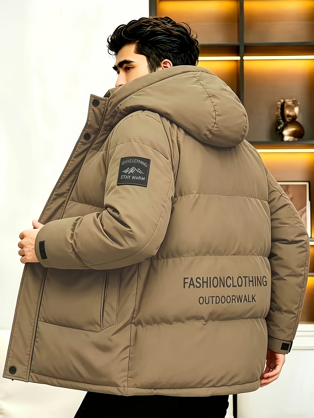 Men's New Long-Sleeve Windproof Thickened Warm Casual Hooded Jacket - Light Brown-1