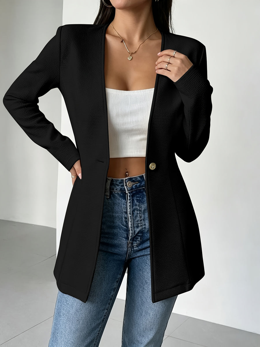 New Autumn/Winter Women's Solid Color Round Neck Long Sleeve Waist-Cinching Single-Breasted Jacket Outerwear - Black