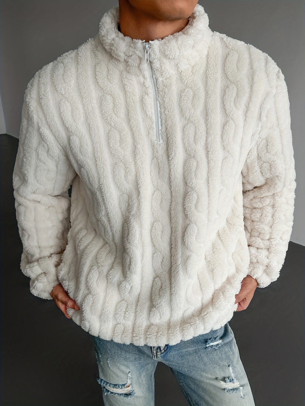 Fashion Men'S Plush Sweatshirt Jacket, Solid Color Half-Zip Pullover, Suitable for Home Casual Commute, Soft Warm Long Sleeve - White