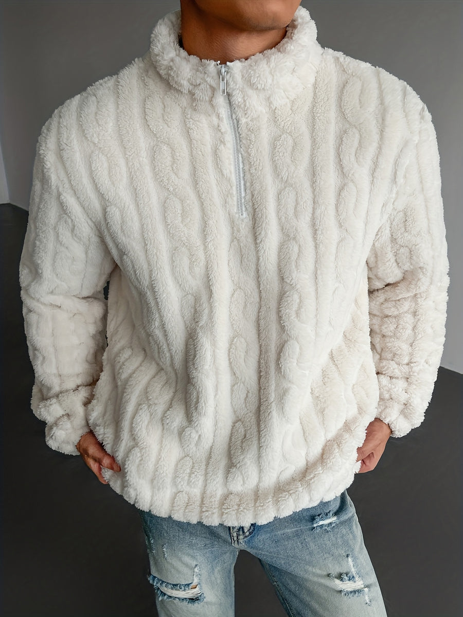 Fashion Men'S Plush Sweatshirt Jacket, Solid Color Half-Zip Pullover, Suitable for Home Casual Commute, Soft Warm Long Sleeve - White