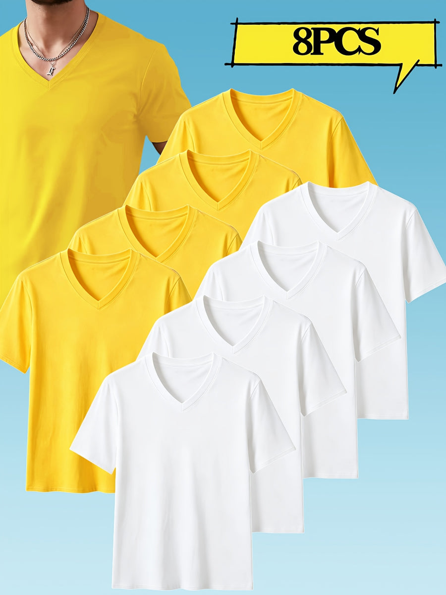 8pcs Men's Casual Knit Ribbed V-Neck T-Shirt / Soft and Comfortable Fabric / Short Sleeve / Solid Color / Crew Neck / Back-to-School Season, Casual Sporty Design Top, Multiple Colors Available, Suitable for Summer Daily Wear - 4 white + 4 yellow