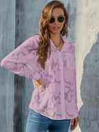 Elegant Women's Blouse, Long-sleeve Jacquard Top, 100% Polyester Solid Color, Button Details, Fabric, Suitable for Spring, Summer, and Autumn - Violet