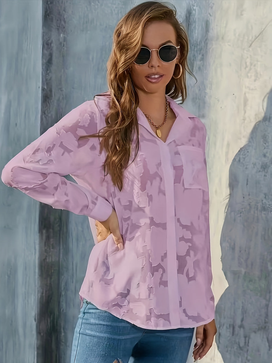 Elegant Women's Blouse, Long-sleeve Jacquard Top, 100% Polyester Solid Color, Button Details, Fabric, Suitable for Spring, Summer, and Autumn - Violet